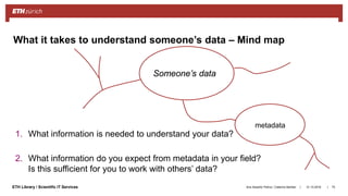 ||ETH Library / Scientific IT Services 31.10.2018Ana Sesartic Petrus / Caterina Barillari 75
1. What information is needed to understand your data?
2. What information do you expect from metadata in your field?
Is this sufficient for you to work with others’ data?
Someone’s data
metadata
What it takes to understand someone’s data – Mind map
 