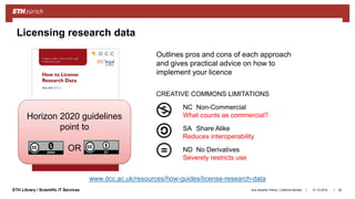 ||ETH Library / Scientific IT Services
www.dcc.ac.uk/resources/how-guides/license-research-data
31.10.2018Ana Sesartic Petrus / Caterina Barillari 82
Licensing research data
Outlines pros and cons of each approach
and gives practical advice on how to
implement your licence
CREATIVE COMMONS LIMITATIONS
NC Non-Commercial
What counts as commercial?
SA Share Alike
Reduces interoperability
ND No Derivatives
Severely restricts use
Horizon 2020 guidelines
point to
OR
 