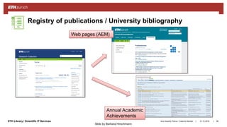 ||ETH Library / Scientific IT Services 31.10.2018Ana Sesartic Petrus / Caterina Barillari 86
Registry of publications / University bibliography
Web pages (AEM)
Annual Academic
Achievements
Slide by Barbara Hirschmann
 