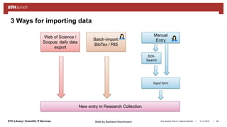 ||ETH Library / Scientific IT Services 31.10.2018Ana Sesartic Petrus / Caterina Barillari 89
3 Ways for importing data
Manual
Entry
Web of Science /
Scopus: daily data
export
Input form
DOI-
Search
Batch-Import:
BibTex / RIS
New entry in Research Collection
Slide by Barbara Hirschmann
 