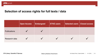 ||ETH Library / Scientific IT Services 31.10.2018Ana Sesartic Petrus / Caterina Barillari 90
Selection of access rights for full texts / data
Open Access Embargoed ETHZ users Selected users Closed access
Publications  
Research data     
Slide by Barbara Hirschmann
 