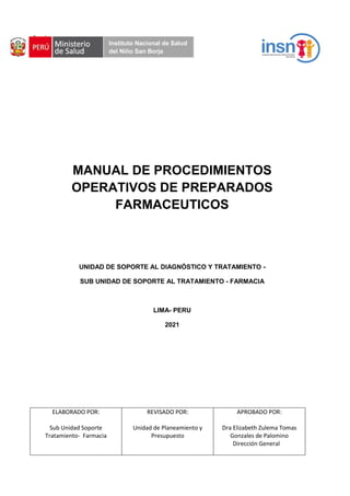 limpieza
MANUAL DE PROCEDIMIENTOS
OPERATIVOS DE PREPARADOS
FARMACEUTICOS
UNIDAD DE SOPORTE AL DIAGNÓSTICO Y TRATAMIENTO -
SUB UNIDAD DE SOPORTE AL TRATAMIENTO - FARMACIA
LIMA- PERU
2021
ELABORADO POR: REVISADO POR: APROBADO POR:
Sub Unidad Soporte
Tratamiento- Farmacia
Unidad de Planeamiento y
Presupuesto
Dra Elizabeth Zulema Tomas
Gonzales de Palomino
Dirección General
Instituto Nacional de Salud
del Niño San Borja
Firmado digitalmente por
CISNEROS SUMARI Gina Ingrith
FAU 20552196725 soft
Motivo: Doy V° B°
Fecha: 30.03.2021 16:03:14 -05:00
Firmado digitalmente por LEIVA
MENDOZA DE WONG Elsa
Morayma FAU 20552196725 soft
Motivo: Doy V° B°
Fecha: 06.04.2021 12:03:04 -05:00
Firmado digitalmente por RICRA
ALBITES Alejandro FAU
20552196725 soft
Motivo: Doy V° B°
Fecha: 07.04.2021 18:04:00 -05:00
Firmado digitalmente por VELIZ
SILVA Emma Victoria FAU
20552196725 soft
Motivo: Doy V° B°
Fecha: 08.04.2021 15:02:26 -05:00
Firmado digitalmente por PORTELLA
MENDOZA Julio Eduardo FAU
20552196725 hard
Motivo: Soy el autor del documento
Fecha: 21.04.2021 14:50:16 -05:00
 