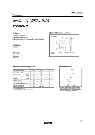 RDN100N20
Transistors
1/3
Switching (200V, 10A)
RDN100N20
!!!!Features
1) Low on-resistance.
2) Low input capacitance.
3) Exellent resistance to damage from static electricity.
!!!!Application
Switching
!!!!Structure
Silicon N-channel
MOS FET
!!!!External dimensions (Unit : mm)
(1) Gate
(2) Drain
(3) Source
TO-220FN
4.5
2.8
0.75
3.2±0.2
(2) (3)(1)
0.8
2.54±0.5 2.6±0.52.54±0.5
1.3
1.2
14.0±0.5
12.0±0.2
8.0±0.25.0±0.2
10.0 +0.3
−0.1
+0.3
−0.1
+0.2
−0.1
+0.1
−0.05
15.0+0.4
−0.2
!!!!Absolute maximum ratings (Ta=25°C)
∗1
∗1
∗2
∗2
Parameter
VVDSS
Symbol
200
VVGSS ±30
AID 10
AIDP 40
A
A
IDR 10
A
IDRP 40
mJ
IAS
35
120
10
W
EAS
150 °C
°C
PD
Tch
Tstg −55 to +150
Limits Unit
Drain-Source Voltage
Gate-Source Voltage
Drain Current
Reverse Drain
Current
Total Power Dissipation (TC=25°C)
Channel Temperature
Avalanche Current
Avalanche Energy
Storage Temperature
Continuous
Pulsed
Continuous
Pulsed
∗1 Pw ≤ 10µs, Duty cycle ≤ 1%
∗2 L 4.5mH, VDD=50V, RG=25Ω, 1Pulse, Tch=25°C
!!!!Equivalent circuit
∗Gate
Protection
Diode
Drain
Gate
Source
∗A protection diode is included between the gate and
the source terminals to protect the diode against static
electricity when the product is in use. Use the protection
circuit when the fixed voltages are exceeded.
 