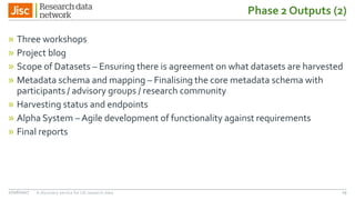 Phase 2 Outputs (2)
» Three workshops
» Project blog
» Scope of Datasets – Ensuring there is agreement on what datasets are harvested
» Metadata schema and mapping – Finalising the core metadata schema with
participants / advisory groups / research community
» Harvesting status and endpoints
» Alpha System – Agile development of functionality against requirements
» Final reports
27/06/2017 A discovery service for UK research data 19
 