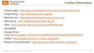 Further Information
» Project page – http://jisc.ac.uk/rd/projects/uk-research-data-discovery
» Project blog – http://rdds.jiscinvolve.org/wp/
» Beta Service – http://researchdiscoveryservice.jisc.ac.uk
» Mailing list – JISC-UKRDDS@JISCMAIL.AC.UK
» JIRA – https://jiscdev.atlassian.net/projects/RDD/issues
» #jiscRDDS
» Google Drive -
https://drive.google.com/open?id=0B1NhScN5QPQ2b3k5WVRhVDlLZ28
» Padlet - http://padlet.com/chris_brown_jisc/ukrdds
» Research Data Network - https://research-data-network.readme.io/
27/06/2017 A discovery service for UK research data 24
 