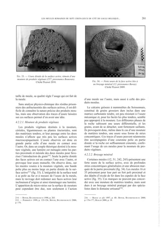taille de meule, sa qualité règle l’usage qui est fait de
la meule.
Sans analyse physico-chimique des résidus prison-
niers des anfractuosités des surfaces actives, il est dif-
ficile de connaître la nature précise des produits mou-
lus, mais une observation des traces d’usure laissées
sur ces surfaces permet d’en avoir une idée.
4.2.2.1. Mouture de produits végétaux
Les produits végétaux destinés à la mouture,
céréales, légumineuses ou plantes tinctoriales, sont
des matériaux tendres, et leur passage entre les deux
meules n’affecte que très peu les surfaces actives
macroscopiquement. L’usure observée est donc en
grande partie celle d’une meule en contact avec
l’autre. Or, dans un couple théorique destiné à la mou-
ture végétale, une lumière est ménagée entre les par-
ties proximale et mésiale des deux meules pour favo-
riser l’introduction du grain214. Seule la partie distale
des faces actives est en contact l’une avec l’autre, et
provoque leur usure mutuelle. On observe donc, sur
les meules vouées à la mouture végétale, une bande
polie plus ou moins large en partie distale de la sur-
face active215 (fig. 33). L’intégralité de la surface tend
à se polir au fur et à mesure de l’usure de la meule,
mais le ravivage doit redonner aux faces actives leur
inclinaison d’origine et ainsi réaménager une lumière.
L’apparition de micro-stries sur la surface de mouture
peut cependant être due, non seulement à l’action
d’une meule sur l’autre, mais aussi à celle des pro-
duits moulus.
Le calcaire gréseux à nummulites du Soissonnais,
constitué de grains grossiers durs inclus dans une
matrice carbonatée tendre, est peu résistant à l’usure
mécanique et, pour les faciès les plus tendres, semble
peu approprié à la mouture. Les différentes phases de
la roche subissent une usure différentielle, et les
grains, avant de se détacher, sont fortement saillants.
Ils provoquent donc, même dans le cas d’une mouture
de matières tendres, une usure sous forme de stries
concentriques. Ces traces d’usure peuvent néanmoins
être accompagnées d’une couronne polie en partie
distale si la roche est suffisamment cimentée, confir-
mant l’usage de ces meules pour la mouture de pro-
duits végétaux.
4.2.2.2. Broyage minéral
Certaines meules (12, 51, 242, 243) présentent une
forte usure de la surface active, avec de profondes
stries concentriques généralisées et une abrasion mar-
quée de la partie proximale (fig. 34). Les meules 16 et
35 présentent pour leur part un fort poli proximal et
des dépôts d’oxyde de fer dans les cupules de la face
active (fig. 35). Ces marques ne peuvent pas concor-
der avec une mouture de matières tendres, mais sont
dues à un broyage minéral pratiqué par des spécia-
listes dans le domaine artisanal216.
214. — BOYER, BUCHSENSCHUTZ 1998, p. 203.
215. — POMMEPUY 1999, p. 135-136; BOYER, BUCHSENSCHUTZ 2000,
p. 176.
216. — BÉZIAT et alii 1997, p. 48; BOYER, BUCHSENSCHUTZ 2000,
p. 176-177; HESLOP 2008, p. 18.
LES MEULES ROMAINES DE SEPT CHEFS-LIEUX DE CITÉ DE GAULE BELGIQUE... 201
FIG. 33. — Usure distale de la surface active, témoin d’une
mouture de produits végétaux (257, provenance Beauvais).
Cliché Picavet 2010. FIG. 34. — Forte usure de la face active liée à
un broyage minéral (12, provenance Bavay).
Cliché Picavet 2009.
Picavet 1 22/05/12 11:03 Page 201
©
Association
Revue
du
Nord
|
Téléchargé
le
03/01/2023
sur
www.cairn.info
(IP:
181.176.148.132)
©
Association
Revue
du
Nord
|
Téléchargé
le
03/01/2023
sur
www.cairn.info
(IP:
181.176.148.132)
 