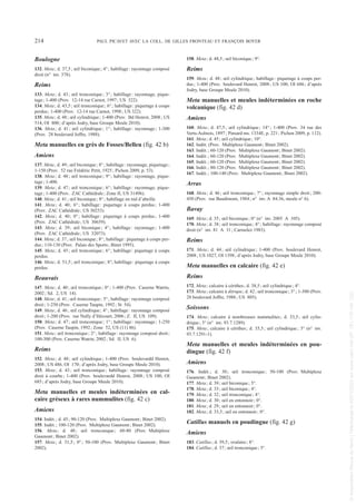 Boulogne
132. Meta; d. 37,5; œil biconique; 4°; habillage: rayonnage composé
droit (n° inv. 378).
Reims
133. Meta; d. 43; œil tronconique; 3°; habillage: rayonnage, pique-
tage; 1-400 (Prov. 12-14 rue Carnot, 1997; US 322).
134. Meta; d. 43,5; œil tronconique; 6°; habillage: piquetage à coups
perdus; 1-400 (Prov. 12-14 rue Carnot, 1998; US 322).
135. Meta; d. 48; œil cylindrique; 1-400 (Prov. Bd Henrot, 2008; US
514, OI 800; d’après Jodry, base Groupe Meule 2010).
136. Meta; d. 41; œil cylindrique; 1°; habillage: rayonnage; 1-300
(Prov. 28 boulevard Joffre, 1988).
Meta manuelles en grès de Fosses/Belleu (fig. 42 b)
Amiens
137. Meta; d. 49; œil biconique; 8°; habillage: rayonnage, piquetage;
1-150 (Prov. 52 rue Frédéric Petit, 1925; Pichon 2009, p. 53).
138. Meta; d. 48; œil tronconique; 9°; habillage: rayonnage, pique-
tage; 1-400.
139. Meta; d. 47; œil tronconique; 6°; habillage: rayonnage, pique-
tage; 1-400 (Prov. ZAC Cathédrale; Zone II, US 31496).
140. Meta; d. 41; œil biconique; 8°; habillage en nid d’abeille.
141. Meta; d. 40; 6°; habillage: piquetage à coups perdus; 1-400
(Prov. ZAC Cathédrale; US 30253).
142. Meta; d. 40; 0°; habillage: piquetage à coups perdus; 1-400
(Prov. ZAC Cathédrale; US 30659).
143. Meta; d. 39; œil biconique; 4°; habillage: rayonnage; 1-400
(Prov. ZAC Cathédrale; US 32073).
144. Meta; d. 37; œil biconique; 8°; habillage: piquetage à coups per-
dus; 110-130 (Prov. Palais des Sports; Binet 1995).
145. Meta; d. 45; œil tronconique; 6°; habillage: piquetage à coups
perdus.
146. Meta; d. 51,5; œil tronconique; 8°; habillage: piquetage à coups
perdus.
Beauvais
147. Meta; d. 40; œil tronconique; 0°; 1-400 (Prov. Caserne Watrin,
2002; Sd. 2, US 14).
148. Meta; d. 41; œil tronconique; 5°; habillage: rayonnage composé
droit; 1-250 (Prov. Caserne Taupin, 1992; St 54).
149. Meta; d. 46; œil cylindrique; 4°; habillage: rayonnage composé
droit; 1-200 (Prov. rue Nully d’Hécourt, 2006; Z. II, US 109).
150. Meta; d. 47; œil tronconique; 1°; habillage: rayonnage; 1-250
(Prov. Caserne Taupin, 1992; Zone 52, US (11) 86).
151. Meta; œil tronconique; 2°; habillage: rayonnage composé droit;
100-300 (Prov. Caserne Watrin, 2002; Sd. II, US 6).
Reims
152. Meta; d. 48; œil cylindrique; 1-400 (Prov. boulevardd Henrot,
2008; US 486, OI 170; d’après Jodry, base Groupe Meule 2010).
153. Meta; d. 43; œil tronconique; habillage: rayonnage composé
droit à courbe; 1-400 (Prov. boulevardd Henrot, 2008; US 100, OI
685; d’après Jodry, base Groupe Meule 2010).
Meta manuelles et meules indéterminées en cal-
caire gréseux à rares nummulites (fig. 42 c)
Amiens
154. Indét.; d. 45; 90-120 (Prov. Multiplexe Gaumont; Binet 2002).
155. Indét.; 100-120 (Prov. Multiplexe Gaumont; Binet 2002).
156. Meta; d. 48; œil tronconique; 60-80 (Prov. Multiplexe
Gaumont; Binet 2002).
157. Meta; d. 31,5; 0°; 50-100 (Prov. Multiplexe Gaumont; Binet
2002).
158. Meta; d. 48,5; œil biconique; 9°.
Reims
159. Meta; d. 48; œil cylindrique; habillage: piquetage à coups per-
dus; 1-400 (Prov. boulevard Henrot, 2008; US 100, OI 686; d’après
Jodry, base Groupe Meule 2010).
Meta manuelles et meules indéterminées en roche
volcanique (fig. 42 d)
Amiens
160. Meta; d. 47,5; œil cylindrique; 14°; 1-400 (Prov. 34 rue des
Verts-Aulnois, 1897; Pinsard ms. 1334E, p. 221; Pichon 2009, p. 112).
161. Meta; d. 45; œil cylindrique; 10°.
162. Indét. (Prov. Multiplexe Gaumont; Binet 2002).
163. Indét.; 60-120 (Prov. Multiplexe Gaumont; Binet 2002).
164. Indét.; 60-120 (Prov. Multiplexe Gaumont; Binet 2002).
165. Indét.; 60-120 (Prov. Multiplexe Gaumont; Binet 2002).
166. Indét.; 80-120 (Prov. Multiplexe Gaumont; Binet 2002).
167. Indét.; 100-140 (Prov. Multiplexe Gaumont; Binet 2002).
Arras
168. Meta; d. 46; œil tronconique; 7°; rayonnage simple droit; 200-
450 (Prov. rue Baudimont, 1984; n° inv. A 84.36, meule n° 6).
Bavay
169. Meta; d. 35; œil biconique; 0° (n° inv. 2005 A 105).
170. Meta; d. 38; œil tronconique; 8°; habillage: rayonnage composé
droit (n° inv. 81 A 31; Carmelez 1983).
Reims
171. Meta; d. 44; œil cylindrique; 1-400 (Prov. boulevard Henrot,
2008; US 1027, OI 1398; d’après Jodry, base Groupe Meule 2010).
Meta manuelles en calcaire (fig. 42 e)
Reims
172. Meta; calcaire à cérithes; d. 38,5; œil cylindrique; 4°.
173. Meta; calcaire à ditrupa; d. 42; œil tronconique; 3°; 1-300 (Prov.
28 boulevard Joffre, 1988; US 805).
Soissons
174. Meta; calcaire à nombreuses nummulites; d. 33,5; œil cylin-
drique; 3° (n° inv. 93.7.1289).
175. Meta; calcaire à cérithes; d. 35,5; œil cylindrique; 3° (n° inv.
93.7.1291-1).
Meta manuelles et meules indéterminées en pou-
dingue (fig. 42 f)
Amiens
176. Indét.; d. 30; œil tronconique; 50-100 (Prov. Multiplexe
Gaumont; Binet 2002).
177. Meta; d. 39; œil biconique; 5°.
178. Meta; d. 33; œil biconique; 4°.
179. Meta; d. 32; œil tronconique; 4°.
180. Meta; d. 30; œil en entonnoir; 0°.
181. Meta; d. 29; œil en entonnoir; 0°.
182. Meta; d. 33,5; œil en entonnoir; 0°.
Catillus manuels en poudingue (fig. 42 g)
Amiens
183. Catillus; d. 39,5; ovalaire; 8°.
184. Catillus; d. 37; œil tronconique; 5°.
214 PAUL PICAVET AVEC LA COLL. DE GILLES FRONTEAU ET FRANÇOIS BOYER
Picavet 1 22/05/12 11:04 Page 214
©
Association
Revue
du
Nord
|
Téléchargé
le
03/01/2023
sur
www.cairn.info
(IP:
181.176.148.132)
©
Association
Revue
du
Nord
|
Téléchargé
le
03/01/2023
sur
www.cairn.info
(IP:
181.176.148.132)
 
