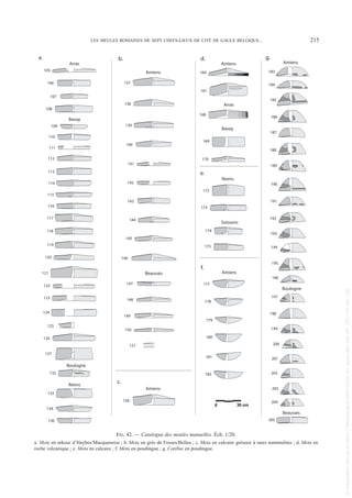 LES MEULES ROMAINES DE SEPT CHEFS-LIEUX DE CITÉ DE GAULE BELGIQUE... 215
0 30 cm
158
137
138
139
140
141
143
142
Amiens
145
146
144
160
161
Amiens
105
106
Arras
107
108
168
Arras
Bavay
110
111
109
113
112
114
115
116
117
118
119
120
121
122
123
124
125
126
127
169
170
Bavay
147
148
149
150
151
Beauvais
132
Boulogne
133
134
Reims
136
172
173
Reims
Soissons
175
174
183
184
186
187
188
189
190
191
192
193
195
196
Amiens
177
178
179
181
180
205
Beauvais
Boulogne
197
198
199
200
201
202
203
204
194
185
Amiens
a. b.
c.
d.
e.
f.
g.
Amiens
182
FIG. 42. — Catalogue des meules manuelles. Éch. 1/20.
a. Meta en arkose d’Haybes/Macquenoise ; b. Meta en grès de Fosses/Belleu ; c. Meta en calcaire gréseux à rares nummulites ; d. Meta en
roche volcanique ; e. Meta en calcaire ; f. Meta en poudingue ; g. Catillus en poudingue.
Picavet 1 22/05/12 11:04 Page 215
©
Association
Revue
du
Nord
|
Téléchargé
le
03/01/2023
sur
www.cairn.info
(IP:
181.176.148.132)
©
Association
Revue
du
Nord
|
Téléchargé
le
03/01/2023
sur
www.cairn.info
(IP:
181.176.148.132)
 