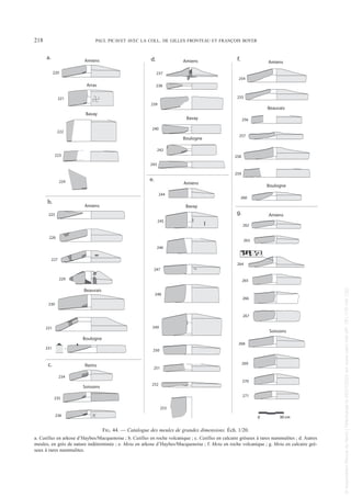 218 PAUL PICAVET AVEC LA COLL. DE GILLES FRONTEAU ET FRANÇOIS BOYER
220
244
Amiens
Amiens
226
227
225
254
255
229
221
Arras
222
223
224
Bavay
Bavay
240
Bavay
230
231
Beauvais
256
257
258
259
Boulogne
231
260
242
Boulogne
243
Reims
234
Soissons
235
268
236
269
270
271
245
Beauvais
Amiens
Boulogne
Soissons
Amiens
a.
b.
c.
d.
e.
f.
g.
0 30 cm
253
252
251
264
262
263
265
266
267
Amiens
Amiens
237
238
239
246
249
250
248
247
FIG. 44. — Catalogue des meules de grandes dimensions. Éch. 1/20.
a. Catillus en arkose d’Haybes/Macquenoise ; b. Catillus en roche volcanique ; c. Catillus en calcaire gréseux à rares nummulites ; d. Autres
meules, en grès de nature indéterminée ; e. Meta en arkose d’Haybes/Macquenoise ; f. Meta en roche volcanique ; g. Meta en calcaire gré-
seux à rares nummulites.
Picavet 1 22/05/12 11:04 Page 218
©
Association
Revue
du
Nord
|
Téléchargé
le
03/01/2023
sur
www.cairn.info
(IP:
181.176.148.132)
©
Association
Revue
du
Nord
|
Téléchargé
le
03/01/2023
sur
www.cairn.info
(IP:
181.176.148.132)
 