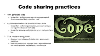 Code sharing practices
• 40% generate code
– Researchers performing surveys, secondary analysis &
simulations more likely to produce code
• 43% of these made code available in last 5 years
– Researchers performing simulations, secondary analysis
and experiments share most code
– Researcher applying qualitative and survey methods shared
less
• 37% reuse existing code
– Obtained from colleagues/collaborators & community
repository
– Good documentation, originate from a reputable source,
and openly available are key factors in code reuse
 