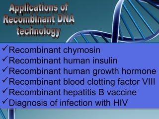 Recombinant chymosin
Recombinant human insulin
Recombinant human growth hormone
Recombinant blood clotting factor VIII
Recombinant hepatitis B vaccine
Diagnosis of infection with HIV
Recombinant chymosin
Recombinant human insulin
Recombinant human growth hormone
Recombinant blood clotting factor VIII
Recombinant hepatitis B vaccine
Diagnosis of infection with HIV
 