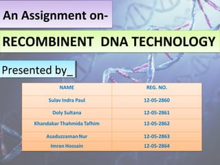 An Assignment on-An Assignment on-
RECOMBINENT DNA TECHNOLOGYRECOMBINENT DNA TECHNOLOGY
Presented by_Presented by_
 