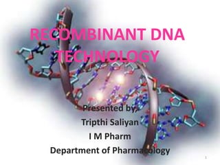 RECOMBINANT DNA
TECHNOLOGY
Presented by,
Tripthi Saliyan
I M Pharm
Department of Pharmacology
1
 