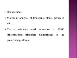 It also includes:
 Molecular analysis of transgenic plants grown in
vitro.
 The experiments need intimation to IBSC
(Institutional Biosafety Committee) in the
prescribed proforma.
 