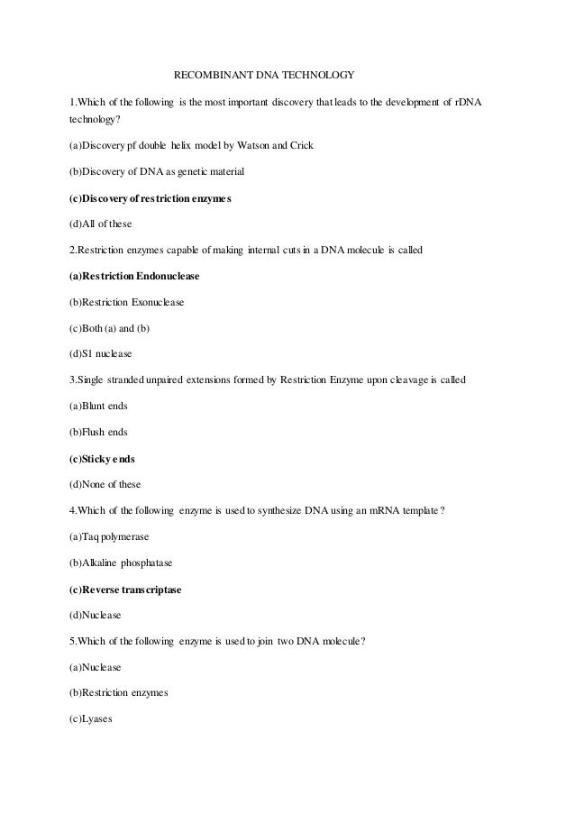 Recombinant Dna Technology Mcq Recombinant Dna Technology Mcq