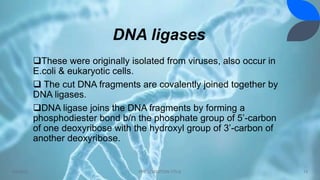 DNA ligases
These were originally isolated from viruses, also occur in
E.coli & eukaryotic cells.
 The cut DNA fragments are covalently joined together by
DNA ligases.
DNA ligase joins the DNA fragments by forming a
phosphodiester bond b/n the phosphate group of 5’-carbon
of one deoxyribose with the hydroxyl group of 3’-carbon of
another deoxyribose.
4/5/2022 PRESENTATION TITLE 13
 