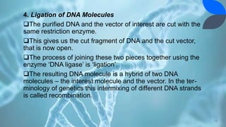 4. Ligation of DNA Molecules
The purified DNA and the vector of interest are cut with the
same restriction enzyme.
This gives us the cut fragment of DNA and the cut vector,
that is now open.
The process of joining these two pieces together using the
enzyme ‘DNA ligase’ is ‘ligation’.
The resulting DNA molecule is a hybrid of two DNA
molecules – the interest molecule and the vector. In the ter-
minology of genetics this intermixing of different DNA strands
is called recombination.
19
 