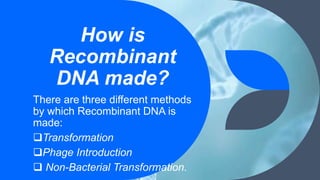 How is
Recombinant
DNA made?
There are three different methods
by which Recombinant DNA is
made:
Transformation
Phage Introduction
 Non-Bacterial Transformation. 7
 