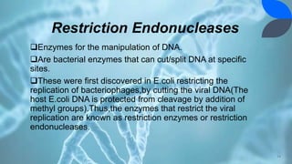 Restriction Endonucleases
Enzymes for the manipulation of DNA.
Are bacterial enzymes that can cut/split DNA at specific
sites.
These were first discovered in E.coli restricting the
replication of bacteriophages,by cutting the viral DNA(The
host E.coli DNA is protected from cleavage by addition of
methyl groups).Thus,the enzymes that restrict the viral
replication are known as restriction enzymes or restriction
endonucleases.
14
 