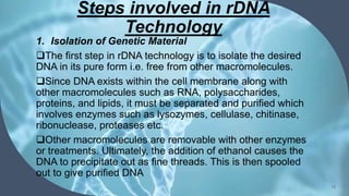Steps involved in rDNA
Technology
1. Isolation of Genetic Material
The first step in rDNA technology is to isolate the desired
DNA in its pure form i.e. free from other macromolecules.
Since DNA exists within the cell membrane along with
other macromolecules such as RNA, polysaccharides,
proteins, and lipids, it must be separated and purified which
involves enzymes such as lysozymes, cellulase, chitinase,
ribonuclease, proteases etc.
Other macromolecules are removable with other enzymes
or treatments. Ultimately, the addition of ethanol causes the
DNA to precipitate out as fine threads. This is then spooled
out to give purified DNA
18
 