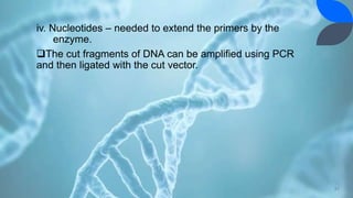 iv. Nucleotides – needed to extend the primers by the
enzyme.
The cut fragments of DNA can be amplified using PCR
and then ligated with the cut vector.
21
 