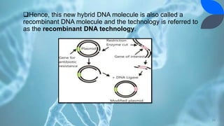 Hence, this new hybrid DNA molecule is also called a
recombinant DNA molecule and the technology is referred to
as the recombinant DNA technology.
23
 