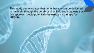 This study demonstrates that gene therapy can be delivered
to the brain through the cerebrospinal fluid and suggests that
this approach could potentially be used as a therapy for
MPSIIIA.
46
 