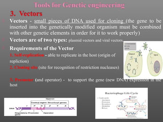  Vectors - small pieces of DNA used for cloning (the gene to be
inserted into the genetically modified organism must be combined
with other genetic elements in order for it to work properly)
 Vectors are of two types: plasmid vectors and viral vectors.
 Requirements of the Vector
1. Self-replication - able to replicate in the host (origin of
repliction)
2. Cloning site (site for recognition of restriction nucleases)
3. Promoter (and operator) - to support the gene (new DNA) expression in the
host
 