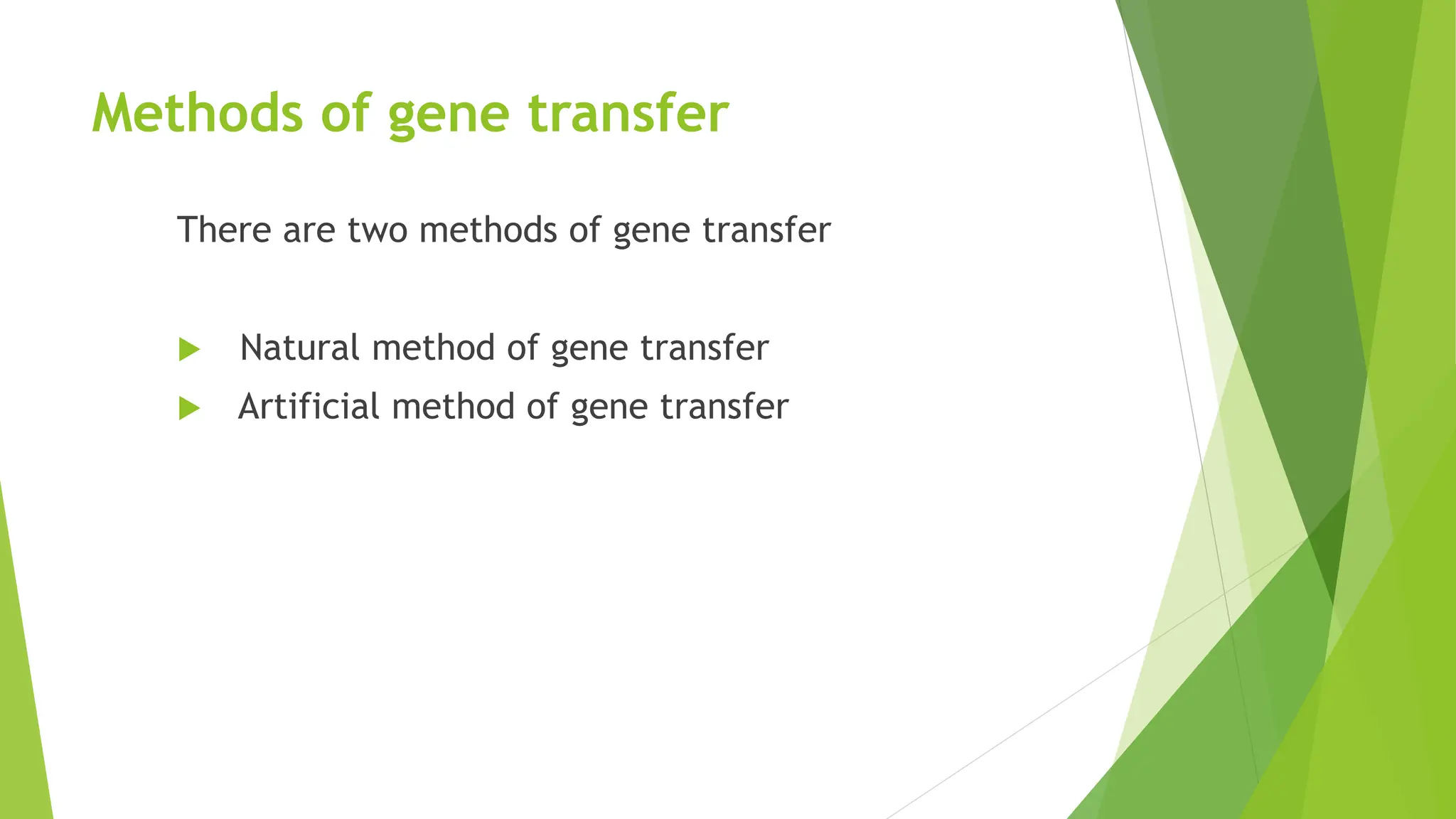 Methods of gene transfer
There are two methods of gene transfer
 Natural method of gene transfer
 Artificial method of gene transfer
 