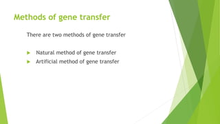 Methods of gene transfer
There are two methods of gene transfer
 Natural method of gene transfer
 Artificial method of gene transfer
 