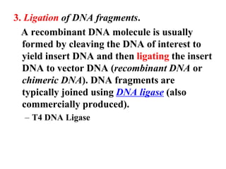 3. Ligation of DNA fragments.
A recombinant DNA molecule is usually
formed by cleaving the DNA of interest to
yield insert DNA and then ligating the insert
DNA to vector DNA (recombinant DNA or
chimeric DNA). DNA fragments are
typically joined using DNA ligase (also
commercially produced).
– T4 DNA Ligase
 