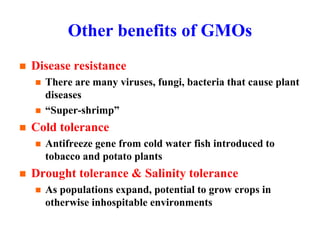 Other benefits of GMOs
 Disease resistance
 There are many viruses, fungi, bacteria that cause plant
diseases
 “Super-shrimp”
 Cold tolerance
 Antifreeze gene from cold water fish introduced to
tobacco and potato plants
 Drought tolerance & Salinity tolerance
 As populations expand, potential to grow crops in
otherwise inhospitable environments
 