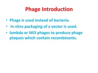 Phage Introduction
• Phage is used instead of bacteria.
• In vitro packaging of a vector is used.
• lambda or MI3 phages to produce phage
plaques which contain recombinants.

 