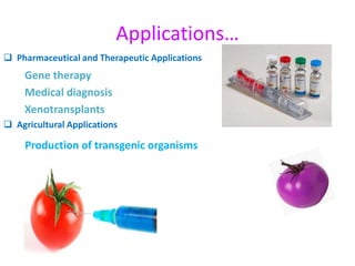 Applications…
 Pharmaceutical and Therapeutic Applications

Gene therapy
Medical diagnosis
Xenotransplants
 Agricultural Applications

Production of transgenic organisms

 