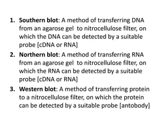 1. Southern blot: A method of transferring DNA
from an agarose gel to nitrocellulose filter, on
which the DNA can be detected by a suitable
probe [cDNA or RNA]
2. Northern blot: A method of transferring RNA
from an agarose gel to nitrocellulose filter, on
which the RNA can be detected by a suitable
probe [cDNA or RNA]
3. Western blot: A method of transferring protein
to a nitrocellulose filter, on which the protein
can be detected by a suitable probe [antobody]
 