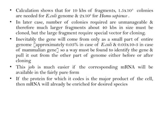 • Calculation shows that for 10 kbs of fragments, 1.5x103
colonies
are needed for E.coli genome & 2x106
for Homo sapience .
• In later case, number of colonies required are unmanageable &
therefore much larger fragments about 40 kbs in size must be
cloned, but the large fragment require special vector for cloning.
• Inevitably the gene will come from only as a small part of entire
genome [approximately 0.03% in case of E.coli & 0.03x10-3 in case
of mammalian gene] so a way must be found to identify the gene &
pull it out from the other part of genome either before or after
cloning
• This job is much easier if the corresponding mRNA will be
available in the fairly pure form
• If the protein for which it codes is the major product of the cell,
then mRNA will already be enriched for desired species
 
