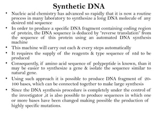 Synthetic DNA
• Nucleic acid chemistry has advanced so rapidly that it is now a routine
process in many laboratory to synthesize a long DNA molecule of any
desired ntd sequence
• In order to produce a specific DNA fragment containing coding region
of protein, the DNA sequence is deduced by “reverse translation“ from
the sequence of this protein using an automated DNA synthesis
machine
• This machine will carry out each & every steps automatically
• It requires the supply of the reagents & type sequence of ntd to be
produced
• Consequently, if amino acid sequence of polypeptide is known, than it
may be easier to synthesize a gene & isolate the sequence similar to
natural gene.
• Using such approach it is possible to produce DNA fragment of 20-
100 bases, which can be connected together to make large synthesis
• Since the DNA synthesis procedure is completely under the control of
the investigator ,it is also possible to produce sequences in which one
or more bases have been changed making possible the production of
highly specific mutations.
 