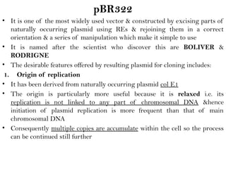 pBR322
• It is one of the most widely used vector & constructed by excising parts of
naturally occurring plasmid using REs & rejoining them in a correct
orientation & a series of manipulation which make it simple to use
• It is named after the scientist who discover this are BOLIVER &
RODRIGNE
• The desirable features offered by resulting plasmid for cloning includes:
1. Origin of replication
• It has been derived from naturally occurring plasmid col E1
• The origin is particularly more useful because it is relaxed i.e. its
replication is not linked to any part of chromosomal DNA &hence
initiation of plasmid replication is more frequent than that of main
chromosomal DNA
• Consequently multiple copies are accumulate within the cell so the process
can be continued still further
 