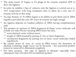 • The main source of Ligase is T4 phage & the enzyme required ATP to
drive the ligation
• In order to stabilize 2 bps of cohesive end, the ligation is carried out at 4۟-
10۠ C temperature with long incubation time to allow for a low rate of
enzyme activity at this temp.
• An imp. Feature of T4 DNA Ligase is its ability to join blunt end of DNA
together, provided the conc. Of insert & enzyme are high enough
• the ligation depends on random collision of DNA having complementary
ends
• The product of mixture of DNA fragments & linear vector molecule will
include not only rVector carrying DNA insert but also,
• recircularized vector without insert
• length of DNA formed by joining of two or more fragments,
• circularized fragments by joining two or more vector molecules linked
together,etc
• By careful choice of conc. of vector & DNA insert, the formation of
plasmid containing single insert can be favoured , but unwanted product
cannot be removed or eliminated completely
• For some purpose this type of ligation is adequate especially when
subsequent step will select for recombinant product .
 