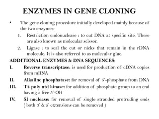 ENZYMES IN GENE CLONING
• The gene cloning procedure initially developed mainly because of
the two enzymes:
1. Restriction endonuclease : to cut DNA at specific site. These
are also known as molecular scissor.
2. Ligase : to seal the cut or nicks that remain in the rDNA
molecule. It is also referred to as molecular glue.
ADDITIONAL ENZYMES & DNA SEQUENCES:
I. Reverse transcriptase: is used for production of cDNA copies
from mRNA
II. Alkaline phosphatase: for removal of 5’-phosphate from DNA
III. T4 poly ntd kinase: for addition of phosphate group to an end
having a free 5’-OH
IV. SI nuclease: for removal of single stranded protruding ends
( both 3’ & 5’ extensions can be removed )
 