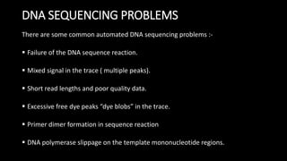 DNA SEQUENCING PROBLEMS
There are some common automated DNA sequencing problems :-
 Failure of the DNA sequence reaction.
 Mixed signal in the trace ( multiple peaks).
 Short read lengths and poor quality data.
 Excessive free dye peaks “dye blobs” in the trace.
 Primer dimer formation in sequence reaction
 DNA polymerase slippage on the template mononucleotide regions.
 