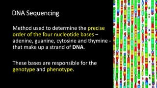 DNA Sequencing
Method used to determine the precise
order of the four nucleotide bases –
adenine, guanine, cytosine and thymine -
that make up a strand of DNA.
These bases are responsible for the
genotype and phenotype.
 