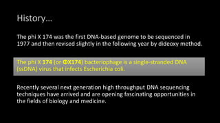 History…
The phi X 174 was the first DNA-based genome to be sequenced in
1977 and then revised slightly in the following year by dideoxy method.
The phi X 174 (or ΦX174) bacteriophage is a single-stranded DNA
(ssDNA) virus that infects Escherichia coli.
Recently several next generation high throughput DNA sequencing
techniques have arrived and are opening fascinating opportunities in
the fields of biology and medicine.
 