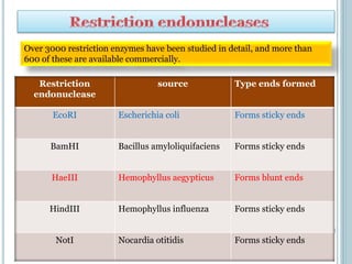 Restriction
endonuclease
source Type ends formed
EcoRI Escherichia coli Forms sticky ends
BamHI Bacillus amyloliquifaciens Forms sticky ends
HaeIII Hemophyllus aegypticus Forms blunt ends
HindIII Hemophyllus influenza Forms sticky ends
NotI Nocardia otitidis Forms sticky ends
Over 3000 restriction enzymes have been studied in detail, and more than
600 of these are available commercially.
 