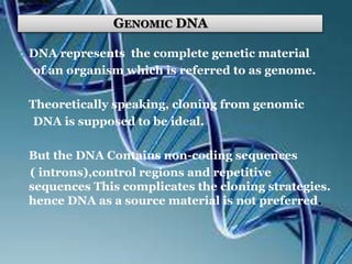 GENOMIC DNA
 DNA represents the complete genetic material
of an organism which is referred to as genome.
 Theoretically speaking, cloning from genomic
DNA is supposed to be ideal.
o But the DNA Contains non-coding sequences
( introns),control regions and repetitive
sequences This complicates the cloning strategies.
hence DNA as a source material is not preferred.
 