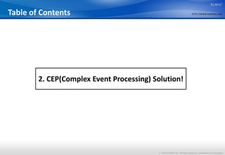 Table of Contents                                                            HTTP://WWW.KOPENS.COM




        2. CEP(Complex Event Processing) Solution!




                                           © 2012 KOPENS Inc. All Rights Reserved. Confidential and Proprietary.
 