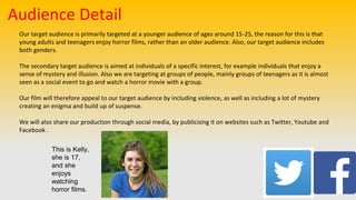 Audience Detail
Our target audience is primarily targeted at a younger audience of ages around 15-25, the reason for this is that
young adults and teenagers enjoy horror films, rather than an older audience. Also, our target audience includes
both genders.
The secondary target audience is aimed at individuals of a specific interest, for example individuals that enjoy a
sense of mystery and illusion. Also we are targeting at groups of people, mainly groups of teenagers as it is almost
seen as a social event to go and watch a horror movie with a group.
Our film will therefore appeal to our target audience by including violence, as well as including a lot of mystery
creating an enigma and build up of suspense.
We will also share our production through social media, by publicising it on websites such as Twitter, Youtube and
Facebook .
This is Kelly,
she is 17,
and she
enjoys
watching
horror films.
 