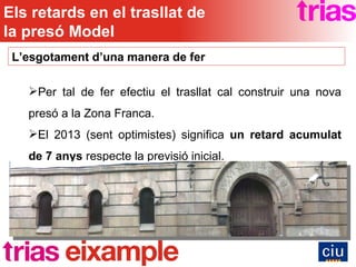 Per tal de fer efectiu el trasllat cal construir una nova presó a la Zona Franca. El 2013 (sent optimistes) significa  un retard acumulat de 7 anys  respecte la previsió inicial. L’esgotament d’una manera de fer Els retards en el trasllat de la presó Model 
