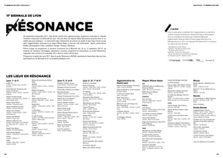 11e biennale de lyon / réSonance                                                                                                                                                                                                                                                                                                                              réSonance / 11e biennale de lyon




  11e biennale de lyon



      résonanCe                        De septembre à décembre 2011, plus de 90 centres d’art, galeries privées, institutions culturelles et collectifs
                                                                                                                                                                                                                                                                                                                à noTeR
                                                                                                                                                                                                                                                                                                           Dans le cadre de leur coopération les 4 agglomérations ont décidé de
                                                                                                                                                                                                                                                                                                           soutenir les grands événements culturels d’envergure métropolitaine.
                                                                                                                                                                                                                                                                                                           ainsi, en complément du grand lyon, st-etienne métropole,
                                       d’artistes s’associent à la Biennale de Lyon. Tous les deux ans depuis 2003, Résonance propose ainsi un vé-                                                                                                                                                         l’agglomération Porte de l’isère et vienne agglo feront écho à la
                                       ritable parcours artistique – un événement dans l’événement qui permet au public le plus large d’avoir accès,                                                                                                                                                       Biennale de lyon en 2011 en proposant des événements en résonance
                                       dans l’agglomération lyonnaise et en région Rhône-Alpes, à plus de 125 événements : danse, performance,                                                                                                                                                             sur chacun de leurs territoires.
                                       théâtre, photographie, vidéo, installation, design, musique, littérature…
                                                                                                                                                                                                                                                                                                           - médiathèque de l’isle d’abeau
                                       Points d’orgue du programme, la semaine d’ouverture de la Biennale (du 10 au 17 septembre 2011), qui                                                                                                                                                                septembre : rétrospective agnès varda
                                       propose de nombreux vernissages, expositions, concerts, projections et événements, et la Nuit Résonance,                                                                                                                                                            - Creafactory/Pays viennois
                                                                                                                                                                                                                                                                                                           septembre : Voir plus loin sans jamais
                                       organisée cette année le 24 novembre 2011 dans le centre-ville de Lyon.                                                                                                                                                                                             - musée d’art moderne de saint-etienne métropole
                                       Programme complet dès août 2011 dans le guide Résonance (30 000 exemplaires) disponibles dans les lieux                                                                                                                                                             de septembre à janvier : Bertrand lavier

                                       participants et à la Biennale et sur www.labiennaledelyon.com




  les lieux en résonanCe
  Lyon 1er et 4e                                   Maison de l'architecture Rhône-                    Lyon 2e, 5e et 9e                               Lyon 3e, 6e, 7e et 8e                             Agglomération du                                  Région Rhône-Alpes                               Centre d’Art Bastille, Grenoble                    Rhône
                                                   Alpes                                                                                                                                                                                                                                                   Le VOG, Fontaine
  La BF 15                                                                                            Célestins, Théâtre de Lyon                      Cinéma Le Comœdia                                 grand Lyon                                        ain                                                                                                 Musée Paul-Dini, Villefranche-sur-
  septembre : Clémence Torres / novembre :         MAPRA                                              octobre-novembre : Festival Sens Interdits                                                                                                                                                           Espace Vallès, Saint-Martin-d’Hères                Saône
                                                   septembre, octobre et novembre : expositions                                                       Alliance Française                                Espace d’arts plastiques, Vénissieux              H2M Hôtel Marron de Meillonnas,
  Eric Hattan                                                                                         Quelques Cercles (concerts)                     septembre : Thomas Collet / octobre : Ghislaine   octobre : Simon de Saint-Martin                                                                    septembre : Marie Frier / novembre : exposition    octobre : La collection a 10 ans
                                                   collectives                                                                                                                                                                                            Bourg-en-Bresse                                  collective
  École Nationale Supérieure des                                                                      Festival Micro Mondes (novembre)                Hamid ; novembre : Noriyuki Muraki                L’Épicerie Moderne, Centre Léonard                octobre : Moi l’art je ne pense qu’à ça                                                             Galerie le 116 art, Villefranche-sur-
  beaux-arts de Lyon                               Modern Art Galerie                                                                                                                                                                                                                                      Musée Géo-Charles, Echirolles                      Saône
                                                   septembre : Frédéric Périmon / novembre : Lina     Broadcast Posters                               Art Tripping                                      de Vinci, Feyzin                                  BIAPI, Bourg-en-Bresse
  septembre / octobre / novembre : expositions                                                                                                        septembre : Myanm-Art(s) / décembre : AyeKo                                                                                                          septembre : Jean-Marc Rochette                     septembre : Tapis rouge
  collectives                                      Manousogiannaki                                    septembre : Matt Coco et Scott Barry                                                              La Ferme du Vinatier, Bron                        septembre : colloque
                                                                                                                                                      et Laurence Médioni                               octobre : Gorgia Volpe                                                                             La Halle Jean Gattégno, Pont-en-
  Galerie Caroline Vachet                          Néon                                               Cabaret Contemporain (concerts)                                                                                                                     ardèche                                          Royans                                             savoie
                                                                                                                                                      Association Rêve Général                          INSA, Villeurbanne
  septembre : Anya Belyat Giunta / novembre : La   Opéra national de Lyon                             Galerie Jean-Louis Mandon                       septembre : Bernard Garcier / décembre :                                                            Gac, Annonay                                     octobre : Sur la pointe des pieds / novembre :     La Conciergerie, La Motte-Servolex
  beauté s’appelle plurielle                       septembre : Maguy Marin / octobre : William        septembre : Madeleine Lambert                                                                     septembre : Enrique Ramirez / octobre :                                                            Rendez-vous avec l’art en Sud-Grésivaudan          septembre : Lucy Watts / octobre : Yves
                                                                                                                                                      Fanny Press                                       exposition collective                             septembre : Philippe Favier / novembre :
  Galerie Céline Moine                             Kentridge                                          Galerie L’Attrape-Couleurs                                                                                                                          Susanne Bruynzeel                                                                                   Monnier
                                                                                                                                                      Bibliothèque Lyon Part Dieu                       Maison du Livre, de l'Image et du                                                                  loire
  septembre : Photographie onirique                Regard Sud                                         septembre : Yann Lévy / novembre : Gaëlle       septembre : Wolman Watier                                                                                                                                                                               ©box, Chambéry
                                                   septembre : Jocelyne Saab / novembre : Nabil       Retière et Elise Sorin                                                                            Son, Villeurbanne                                 drôme                                            Cité du Design, Saint-Etienne
  Galerie Elizabeth Couturier                                                                                                                         Cabinet Plastique                                 octobre : Julien Nédélec / décembre : Le Gentil                                                    septembre : Design Map
  septembre : Carlos No, Hélène Katz               Boutros                                            Galerie Olivier Houg                                                                                                                                art3, Valence                                                                                       Haute-savoie
                                                                                                                                                      octobre : exposition collective                   Garçon                                            septembre : Raffaella Spagna et Andrea Caretto   Galerie Bernard Ceysson, Saint-
  Galerie Henri Chartier                           Le Réverbère                                       septembre : Aurélie Pétrel                                                                                                                                                                                                                              imagespassages, Annecy
                                                   septembre : William Klein / décembre : Alain                                                       École Normale Supérieure                          La Spirale, Décines                               novembre : Gabriela Oberkofler                   Etienne                                            septembre : Franchir / octobre : Partager et
  septembre : Georges Romathier / octobre :                                                           Galerie Georges Verney-Carron                   octobre : Rodolphe Töpffer                        septembre : David Morel / novembre : Yannick                                                       septembre : Claude Viallat
  Caroline Demangel                                Fleischer                                                                                                                                                                                              Les enfants du facteur, Grignan                                                                     Le Nomade et la transphère / novembre :
                                                                                                      Galerie Saint-Charles                           Galerie Artaé                                     Vey                                               septembre : Brigitte Laurendeau                  L'assaut de la menuiserie, Saint-                  Transmettre et Poétique du monde, politique de
  Galerie José Martinez                            La salle de bains                                  septembre : Frédéric Adrait / octobre : Zhang
                                                   septembre : Paul Pfeiffer, Nicolas Leavenworth /                                                   septembre : Les Yeux vernis / novembre :          Le Toboggan, Décines                              Lithos, Saint-Restitut                           Etienne                                            l’autre et esthétique de l’échange
  septembre : Renaud Layrac                                                                           Haiying / novembre : Helen Uter                 Allers/Retours                                    octobre : Fight Art                                                                                septembre : Bayrol Imenez / novembre : Carte
                                                   novembre : Mélanie Giligan                                                                                                                                                                             septembre : Marie-Laure de Decker                                                                   Fondation pour l’art contemporain
  Galerie Le Bleu Du Ciel                                                                             Goethe Institut                                 Galerie Domi Nostrae                                                                                                                                 Blanche !                                          Claudine et Jean-Marc Salomon,
  septembre : Marco Delogu et Lyon Septembre       Solid'arte                                         septembre : Maix Mayer                                                                                                                              Angle Art Contemporain, Saint-Paul-
                                                   septembre, octobre et novembre : expositions                                                       septembre : Olivier Masmonteil / novembre :                                                         Trois-Châteaux                                   Artothèque Idéograf, Saint-Etienne                 Alex
  de la Photographie 2011 / novembre : Tom                                                            Musée de l'Imprimerie                           Sigurdur Arni Sigurdsson                                                                                                                             septembre : Christelle Franc / octobre : Jacque-   septembre : Paul Rebeyrolle
  Wood                                             collectives                                                                                                                                                                                            septembre : Not Valid from
                                                                                                      octobre : Roger Excoffon                        Galerie Nouvelle Echelle d'Or                                                                                                                        line Salmon / novembre : Flavie Cournil            Villa du Parc, Annemasse
  Galerie Vrais Rêves                              4, Barbier                                                                                                                                                                                             isère
                                                   septembre : Rumeurs au Transfo                     6 picoles cycliques                             septembre : Bernard Clarisse                                                                                                                                                                            septembre : Kaz Oshiro
  septembre : Arno-Rafael Minkkinen                                                                   octobre : exposition collective                                                                                                                     Médiathèque de L’Isle d’Abeau
                                                   Spacejunk Lyon                                                                                     Galerie Roger Tator                                                                                                                                                                                     La Robertsau, Rumilly
  Atelier Ramet Gaudin                                                                                                                                septembre : FocAr, Studio 21 bis                                                                    septembre : rétrospective Agnès Varda                                                               septembre : exposition collective
  septembre : Vincent Ramet et Virginie Gaudin     septembre : Caïa Koopman et Venus 2 /
                                                   novembre : Will Barras                                                                             Grame                                                                                               Creafactory/Pays Viennois                                                                           Le Point Commun, Cran-Gevrier
  Interior                                                                                                                                            novembre : Iannis Xenakis / décembre :                                                              septembre : Voir plus loin sans jamais                                                              septembre : Ecosse 74, Alain Boulivet
  septembre : Collection n° 1                                                                                                                         Mauricio Kagel                                                                                      Oui, Centre d’art contemporain,
  IUFM                                                                                                                                                Centre hospitalier Saint-Joseph                                                                     Grenoble
  septembre : Valerio Adami / novembre :                                                                                                                                                                                                                  septembre : David Lefebvre / octobre : L’usine                                                      Liste non définitive au 6 mai 2011.
                                                                                                                                                      Saint-Luc
  exposition collective                                                                                                                                                                                                                                   Spacejunk, Grenoble
                                                                                                                                                      Le Croiseur (danse)
                                                                                                                                                                                                                                                          septembre : Skateboarding is not a crime /
                                                                                                                                                      Maison de la Danse (danse)                                                                          octobre : Caïa Koopman / décembre : Will
                                                                                                                                                                                                                                                          Barras

36/                                                                                                                                                                                                                                                                                                                                                                                                            /37
 