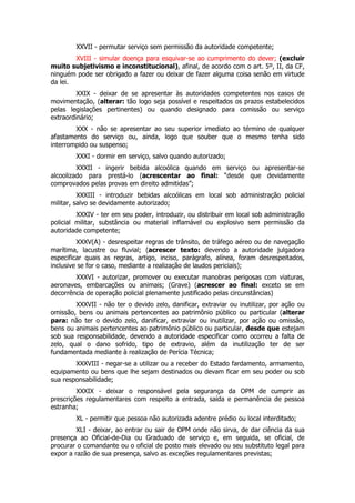 XXVII - permutar serviço sem permissão da autoridade competente;
        XVIII - simular doença para esquivar-se ao cumprimento do dever; (excluir
muito subjetivismo e inconstitucional), afinal, de acordo com o art. 5º, II, da CF,
ninguém pode ser obrigado a fazer ou deixar de fazer alguma coisa senão em virtude
da lei.
         XXIX - deixar de se apresentar às autoridades competentes nos casos de
movimentação, (alterar: tão logo seja possível e respeitados os prazos estabelecidos
pelas legislações pertinentes) ou quando designado para comissão ou serviço
extraordinário;
        XXX - não se apresentar ao seu superior imediato ao término de qualquer
afastamento do serviço ou, ainda, logo que souber que o mesmo tenha sido
interrompido ou suspenso;
        XXXI - dormir em serviço, salvo quando autorizado;
         XXXII - ingerir bebida alcoólica quando em serviço ou apresentar-se
alcoolizado para prestá-lo (acrescentar ao final: “desde que devidamente
comprovados pelas provas em direito admitidas”;
          XXXIII - introduzir bebidas alcoólicas em local sob administração policial
militar, salvo se devidamente autorizado;
         XXXIV - ter em seu poder, introduzir, ou distribuir em local sob administração
policial militar, substância ou material inflamável ou explosivo sem permissão da
autoridade competente;
         XXXV(A) - desrespeitar regras de trânsito, de tráfego aéreo ou de navegação
marítima, lacustre ou fluvial; (acrescer texto: devendo a autoridade julgadora
especificar quais as regras, artigo, inciso, parágrafo, alínea, foram desrespeitados,
inclusive se for o caso, mediante a realização de laudos periciais);
        XXXVI - autorizar, promover ou executar manobras perigosas com viaturas,
aeronaves, embarcações ou animais; (Grave) (acrescer ao final: exceto se em
decorrência de operação policial plenamente justificado pelas circunstâncias)
        XXXVII - não ter o devido zelo, danificar, extraviar ou inutilizar, por ação ou
omissão, bens ou animais pertencentes ao patrimônio público ou particular (alterar
para: não ter o devido zelo, danificar, extraviar ou inutilizar, por ação ou omissão,
bens ou animais pertencentes ao patrimônio público ou particular, desde que estejam
sob sua responsabilidade, devendo a autoridade especificar como ocorreu a falta de
zelo, qual o dano sofrido, tipo de extravio, além da inutilização ter de ser
fundamentada mediante à realização de Perícia Técnica;
        XXXVIII - negar-se a utilizar ou a receber do Estado fardamento, armamento,
equipamento ou bens que lhe sejam destinados ou devam ficar em seu poder ou sob
sua responsabilidade;
         XXXIX - deixar o responsável pela segurança da OPM de cumprir as
prescrições regulamentares com respeito a entrada, saída e permanência de pessoa
estranha;
        XL - permitir que pessoa não autorizada adentre prédio ou local interditado;
         XLI - deixar, ao entrar ou sair de OPM onde não sirva, de dar ciência da sua
presença ao Oficial-de-Dia ou Graduado de serviço e, em seguida, se oficial, de
procurar o comandante ou o oficial de posto mais elevado ou seu substituto legal para
expor a razão de sua presença, salvo as exceções regulamentares previstas;
 